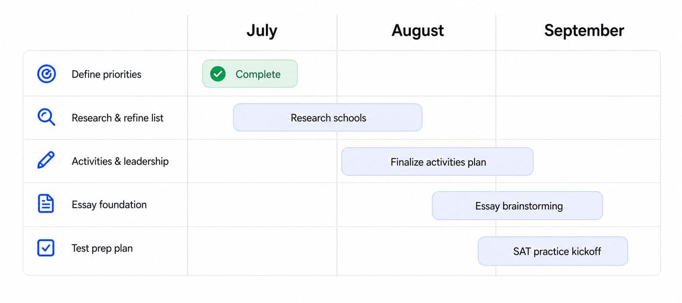 A July through September roadmap for priorities, school research, activities, essays, and SAT practice.