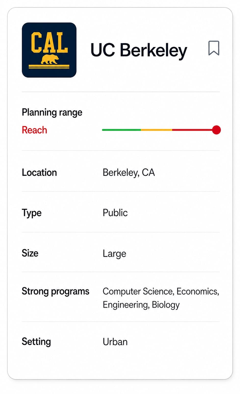 Example UC Berkeley school brief with planning range, location, school type, size, programs, and campus setting.